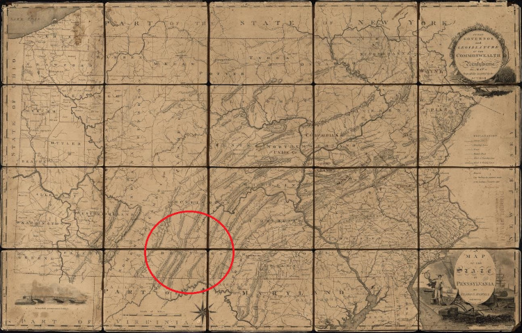 Map of Pennsylvania with Bedford County outlined in red circle, 1810. (Source: loc.gov)