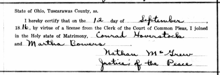 Marriage of Conrad Haverstock and Martha Bowers recorded in the Tuscarawas County records, September 1816. (Source: familysearch.org)