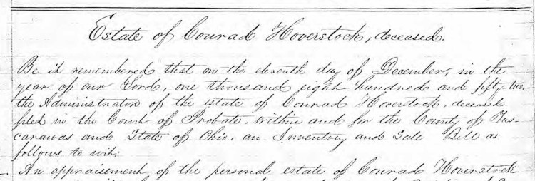 Detail from the estate records of Conrad Hoverstock from the Tuscarawas County records, December 1852. (Source: ancestry.com)