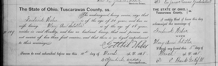 Marriage of Frederick Weber and Mary Anne Stettler recorded in the Tuscarawas County records, March 1868. (Source: familysearch.org)