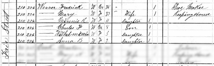 The Weber Family (again erroneously recorded as 'Weaver') on the 1880 Census for New Philadelphia, Ohio. (Source: familysearch.org)