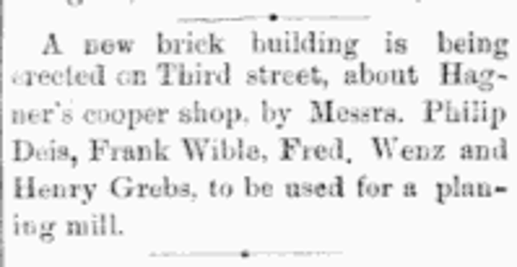 Henry Greb mentioned in the Canal Dover newspaper as a partner in a planned planing mill in Canal Dover, Ohio, October 1881. (Source: newspaperarchive.com)