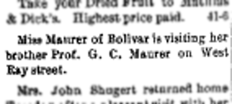 The earliest newspaper reference to the Maurers living in the home on West Ray in New Philadelphia, Ohio, October 1896. (Source: newspaperarchive.org)