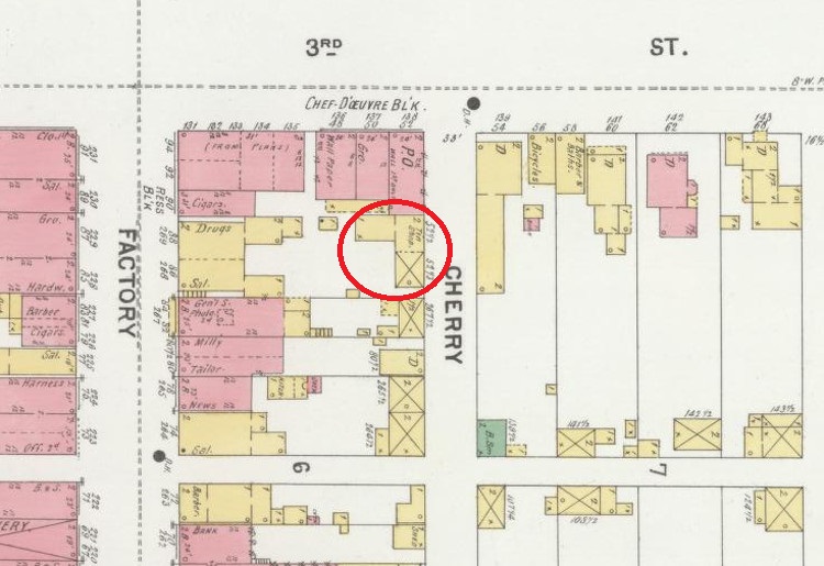 The location of Henry Greb's bicycle repair shop on Cherry Street, behind the Post Office, as seen on the 1899 Sanborne Fire Insurance Map for Canal Dover. (Source: loc.gov)