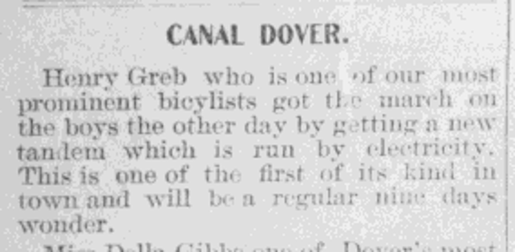 Newspaper report of Henry Greb's ownership of an electric tandem bicycle, May 1900. (Source: newspaperarchive.org)