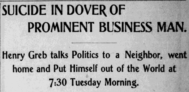 Headline in the New Philadelphia, Ohio newspaper announcing Henry Greb's suicide, November 1904. (Source: newspaperarchive.com)
