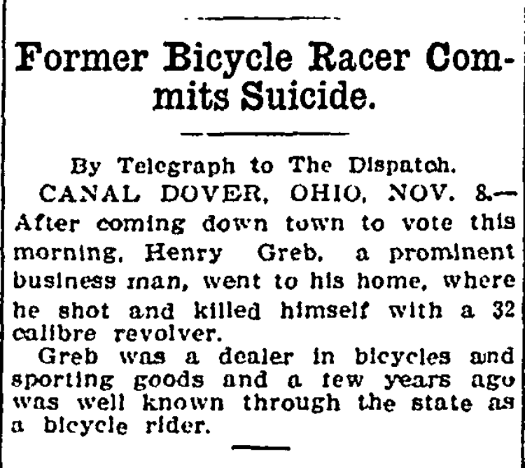 Henry Greb's death reported in the Columbus, Ohio newspaper, November 1904. (Source: genealogybank.com)