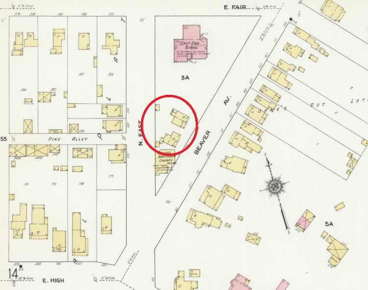 The Weber Family's initial properties on Beaver Avenue, behind the United Brethren Church as seen on the 1910 Sanborne Map for New Philadelphia, Ohio. (Source: loc.gov)