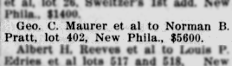 Mention of the sale of the Maurer House in the New Philadelphia, Ohio newspaper, July 1913. (Source: newspaperarchive.com)