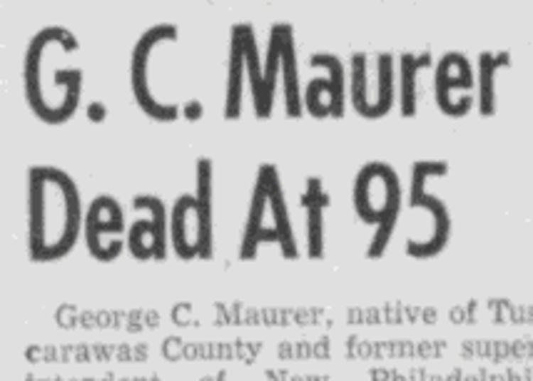 George C. Maurer's obituary in the Dover, Ohio newspaper, April 1957. (Source: newspaperarchive.com)