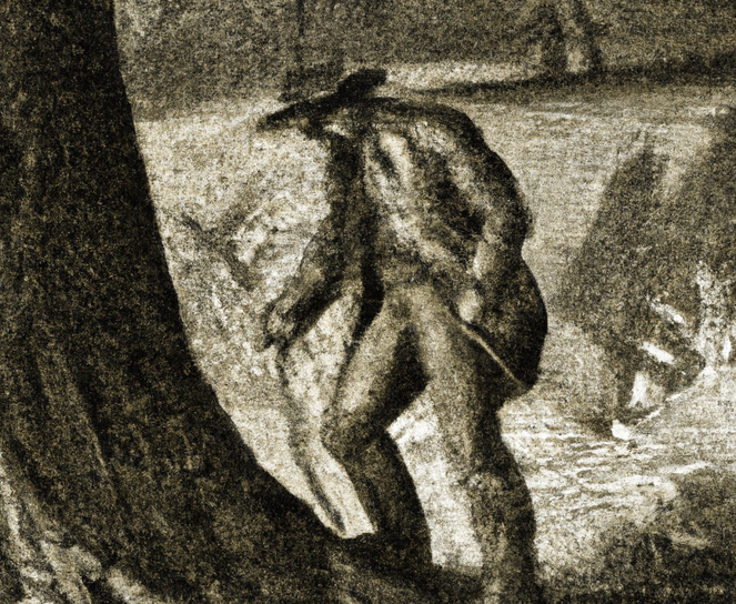 DALL·E 2023-08-16 13.57.19 - Image of a man, in 1819, placing a coin at the base of a tree along a road in Bedford County, Pennsylvania.