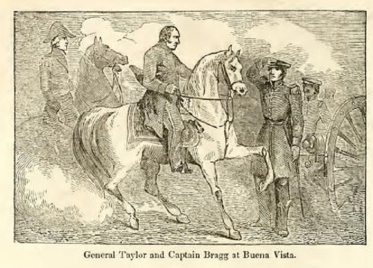 Image of General Zachary Taylor and then Captain Braxton Bragg at the Battle of Buena Vista, Mexico (February 1847) from the 1850 Pictorial History of the Mexican War, 1850. (Source: archive.org)