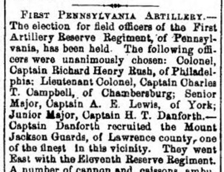 Mention of the Mount Jackson Guards and Henry T. Danforth in the Pittsburgh newspaper, August 1861. (Source: genealogybank.com)