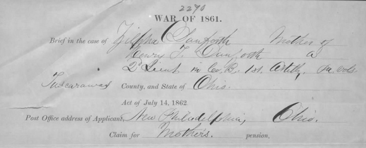 Henry T. Danforth's mother's application for a mother's pension after the death of her son at the Battle of Glendale, 1863. (Source: fold3.com)