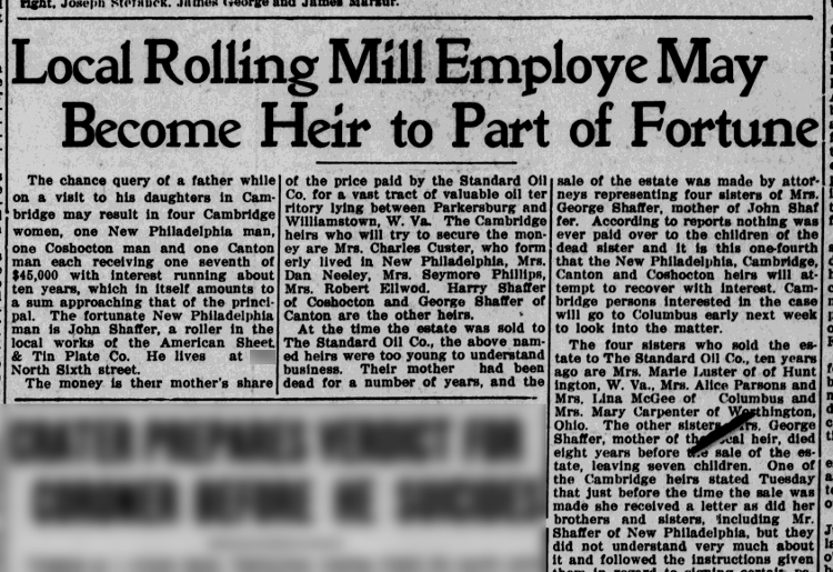 Newspaper article detailing John Shaffer's potential inheritance of a large sum of money from his mother's estate, March 1912. (Source: newspaperarchive.com)