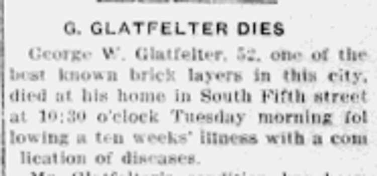 George W. Glatfelter's death reported in the New Philadelphia newspaper, November 1916. (Source: newspaperarchive.com)