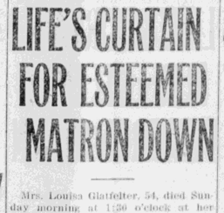 Louise Denzer Glatfelter's death reported in the New Philadelphia newspaper, July 1918. (Source: newspaperarchive.com)