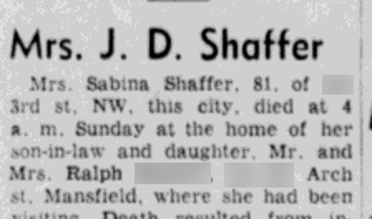 Sabina Shaffer's obituary in the New Philadelphia, Ohio newspaper, July 1960. (Source: newspaperarchive.com)