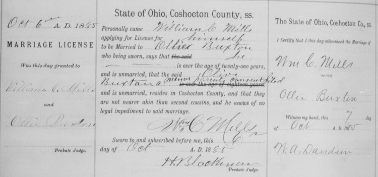 William C. Mills' marriage to Olive Buxton recorded in the Coshocton County records, 1885. (Source: familysearch.org)