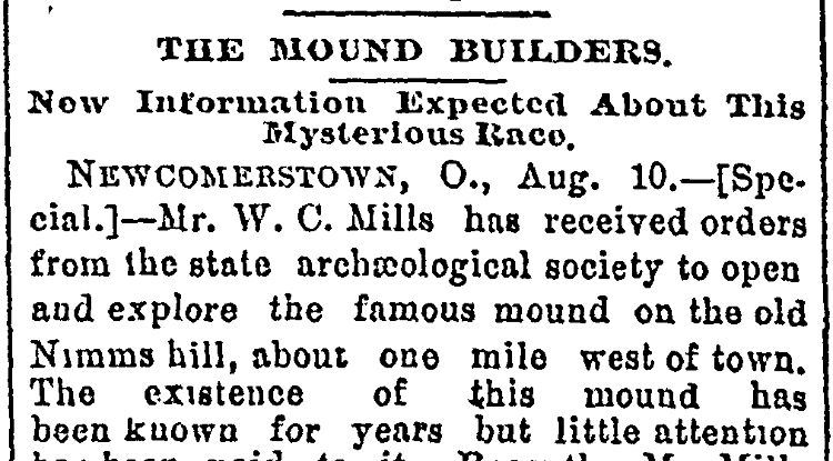 Newspaper account of Mills' excavations in Newcomerstown reported in the Cleveland Weekly Plain Dealer newspaper, August 1888. (Source: genealogybank.com)