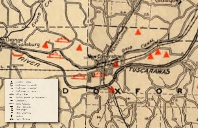 The location of various indigenous features around Newcomerstown as depicted in Mills' Archaeological Atlas of Ohio, 1914. (Source: archive.org)