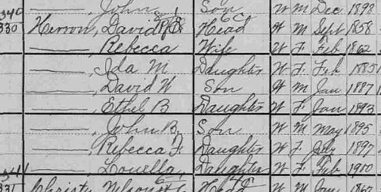 The family of David and Rebecca Herron recorded on the 1900 Census for Goshen Township, Tuscarawas County. (Source: familysearch.org)