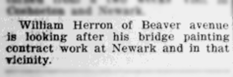 William Herron's work painting a bridge in Newark, Ohio reported in the New Philadelphia, Ohio newspaper, July 1908. (Source: newspaperarchive.com)
