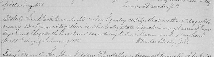 Samuel Crossland's marriage to Elizabeth Crossland recorded in the Stark County, Ohio records, February 1834. (Source: familysearch.org)