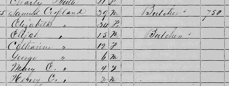 The Crossland family recorded in the 1850 Census for New Philadelphia, Ohio. (Source: familysearch.org)