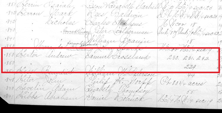 Samuel Crossland's purchase of lots 229, 230, 231, and 232 from Andrew Herter from the Tuscarawas County Title Records, 1850. (Source: familysearch.org)