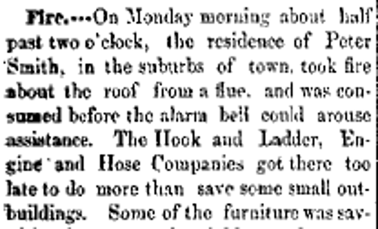Detail from an article on the fire that destroyed the Schmidt's first home, November 1875. (Source: newspaperarchive.com)