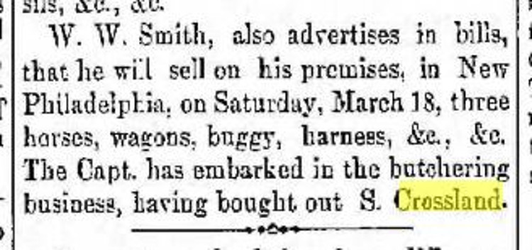 Reference to the sale of Samuel Crossland's meat market in a New Philadelphia, Ohio newspaper, March 1876. (Source: newspaperarchive.com)