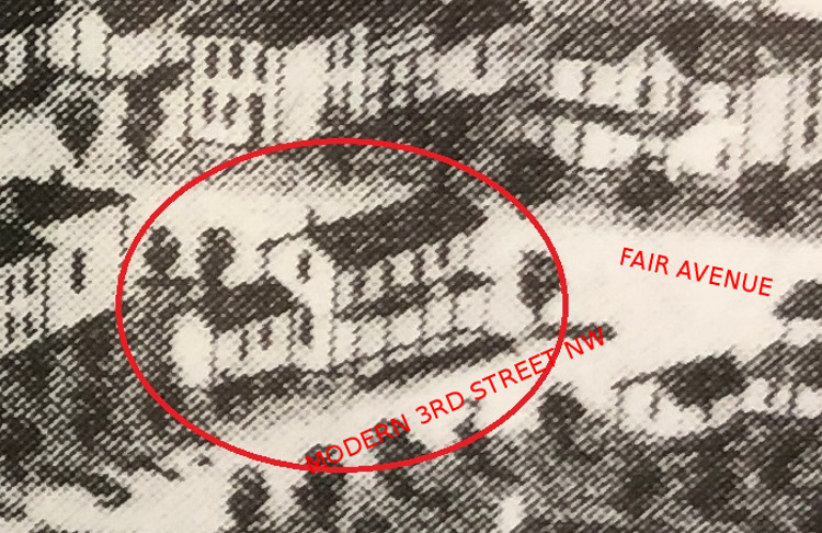 The Crossland House depicted on an 1885 birds-eye view of New Philadelphia, Ohio.