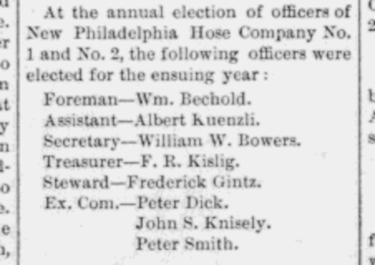 Peter Schmidt recorded as an officer of New Philadelphia's Hose Company No. 1 and No.2 firefighters, December 1888. (Source: newspaperarchive.com)