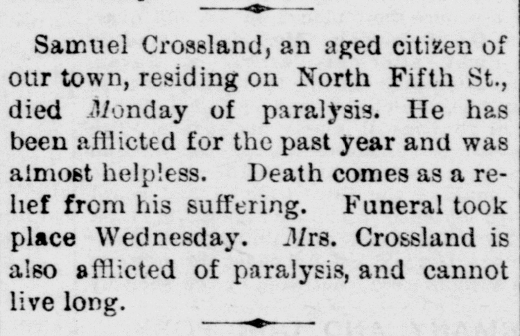 Samuel Crossland's death reported in a New Philadelphia, Ohio newspaper, September 1891. (Source: newspaperarchive.com)