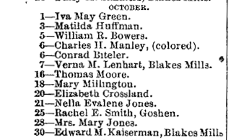 Elizabeth Crossland's October 1892 death noted in a New Philadelphia, Ohio newspaper, January 1893. (Source: newspaperarchive.com)