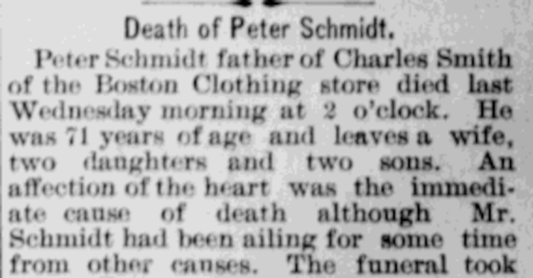 Peter Schmidt's death reported in the New Philadelphia, Ohio newspaper, August 1900. (Source: newspaperarchive.com)