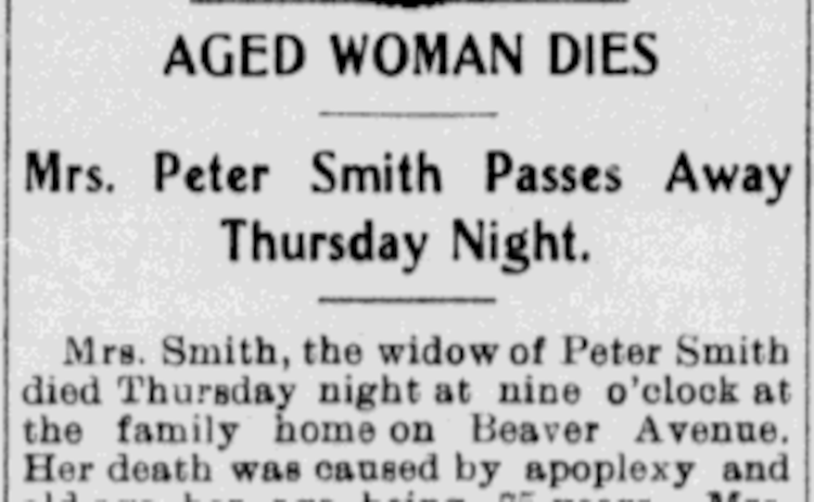 Mary Schmidt's death reported in the New Philadelphia, Ohio newspaper, October 1904. (Source: newspaperarchive.com)