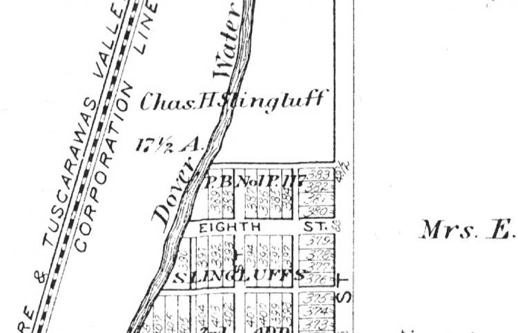 The area of land on North Factory Street (now Tuscarawas) in Dover where the Weber's purchased their lots, 1875. (Source: ancestry.com)