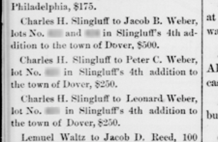 The Webers purchase of lots on North Factory Street from Charles Slinghuff reported in the Dover newspaper, August 1882. (Source: newspaperarchive.com)