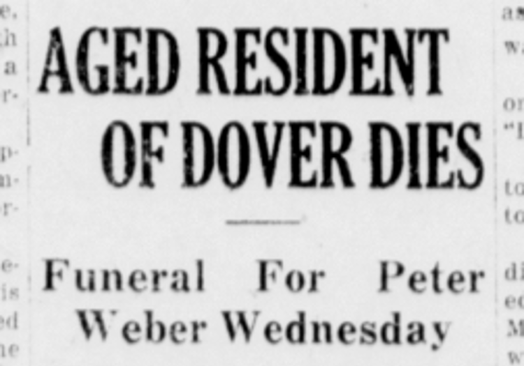 Peter C. Weber's death announced in the New Philadelphia, Ohio newspaper, April 1926. (Source: newspaperarchive.com)