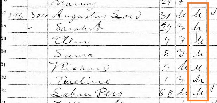 The Ford family recorded on the 1850 Census with the letter "M" for Mulatto (an archaic term for mixed ethnicity). (Source: familysearch.org)