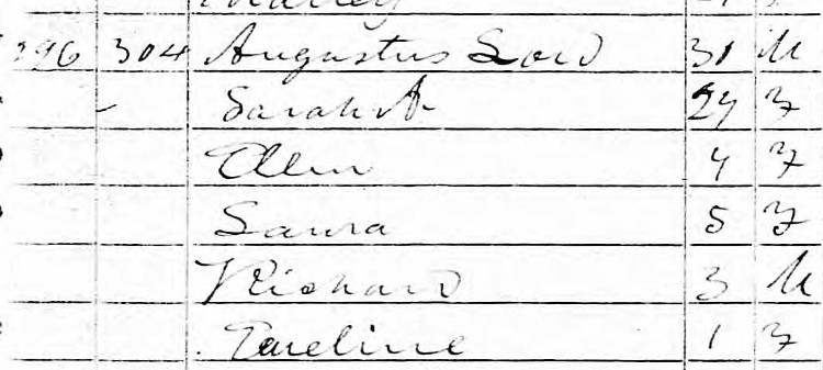 Augustus Lord, his first wife, and their family recorded in the 1850 Census. (Source: familysearch.org)