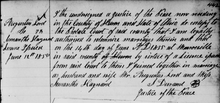 Record of Augustus Lord's marriage to his second wife in Huron County, Ohio, June 1855. (Source: familysearch.org)