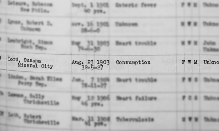 Susan Lord's death recorded in the Tuscarawas County records, August 1903. (Source: familysearch.org)