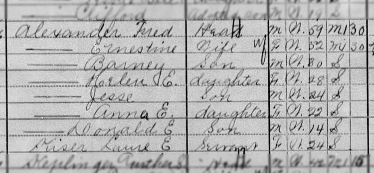 The Alexander family, including Anne E. Alexander, recorded in the 1910 Census for New Philadelphia, Ohio. (Source: familysearch.com)