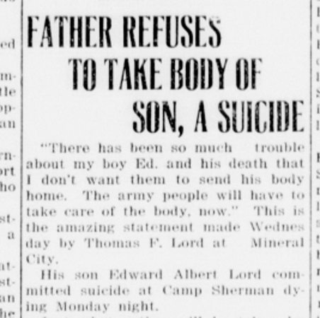 Newspaper article in the New Philadelphia, Ohio newspaper where Ford Lord refuses to accept the body of his dead son, instead turning him over to the army for burial, October 1917. (Source: newspaperarchive.com)