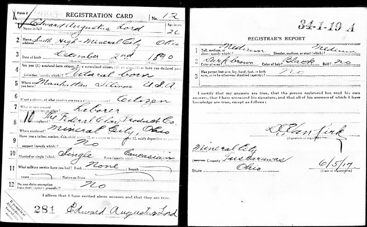 Edward Lord's World War One draft registration card, June 1917. (Source: familysearch.org)