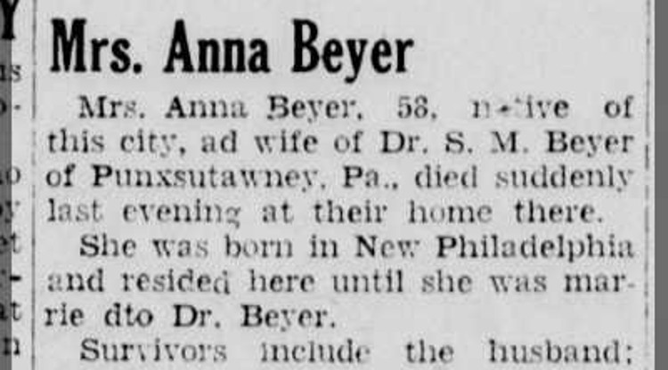 Anna Alexander Beyer's death reported in the New Philadelphia, Ohio newspaper, February 1947. (Source: newspaperarchive.com)