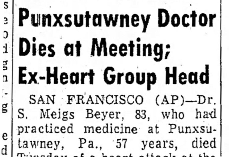 Samuel Meigs Beyer's death reported in the Clearfield, Pennsylvania newspaper, June 1964. (Source: newspapers.com)